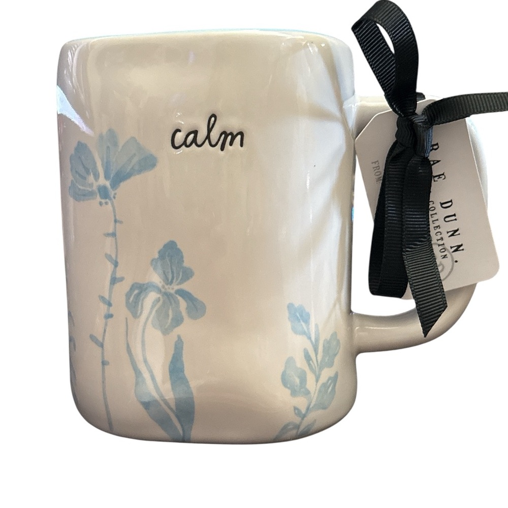 Rae Dunn Calm Mug with Light Blue Floral Accents